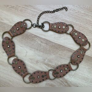 Vintage Cache Brown Leather Ring Linked Studded Jeweled Belt Medium Large